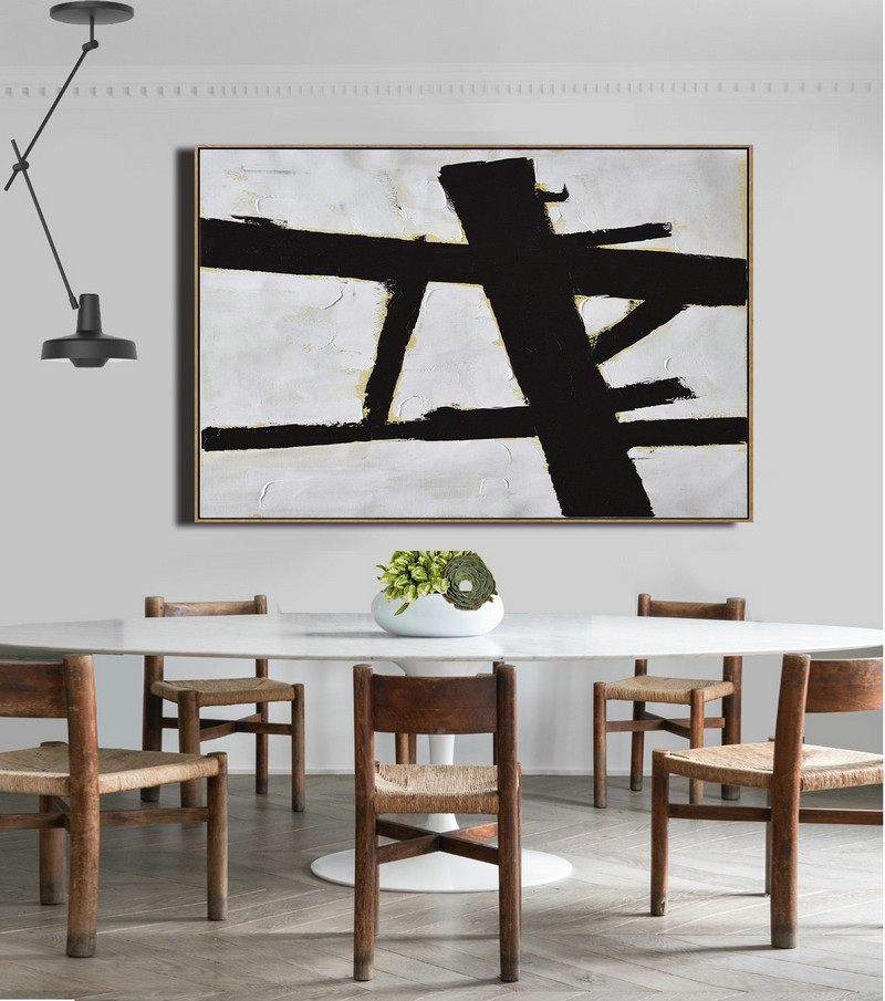 Abstract Art Decor,Contemporary Painting,Horizontal Palette Knife Minimal Canvas Art Painting Black White Beige - Custom Oil Painting